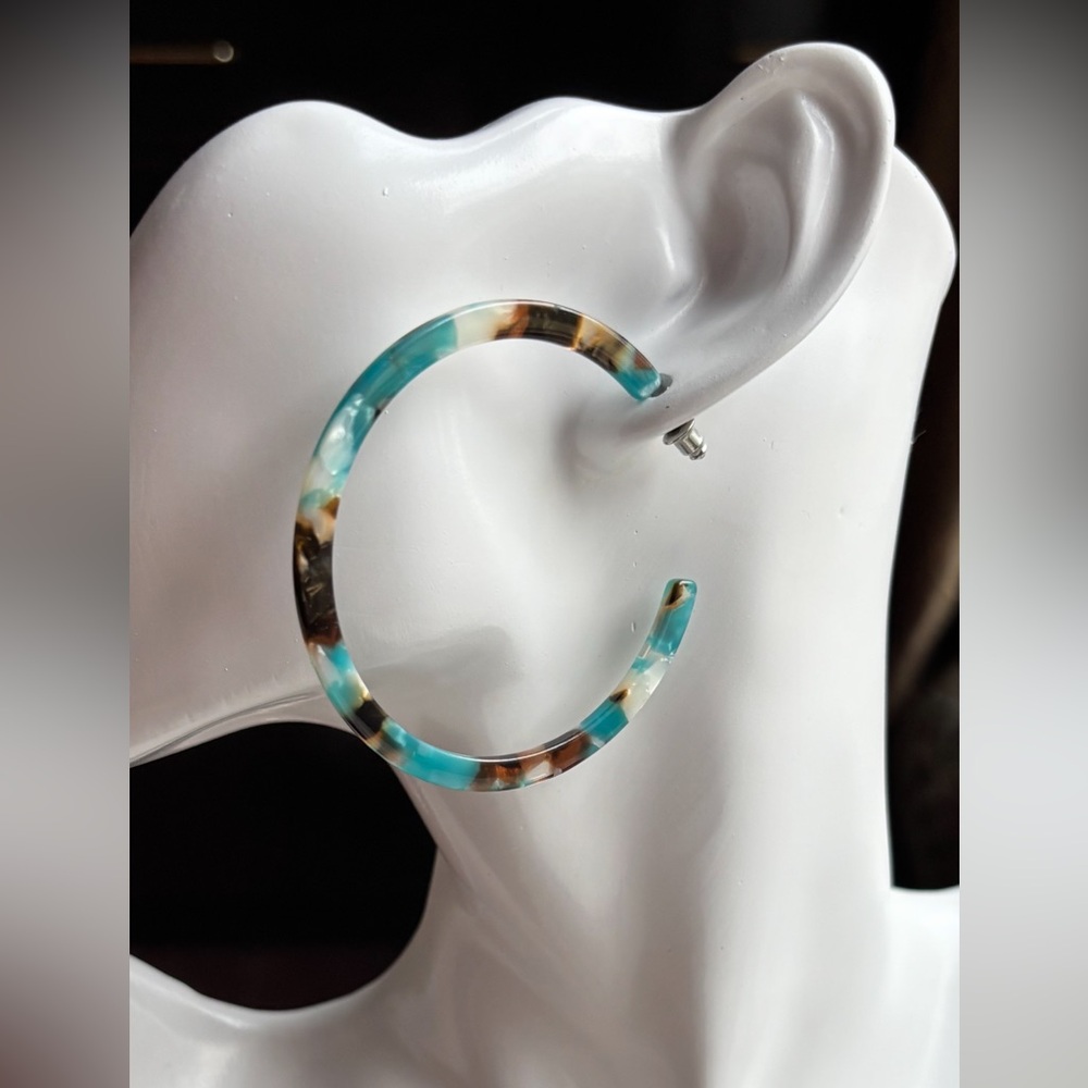 Large Hoop Earrings from Quiet Storm, blue green ocean surfer design, new